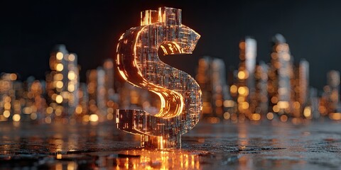 Illuminated dollar sign in futuristic city