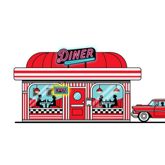 Step back in time with this vintage diner scene complete with classic car and neon sign, ready for your retro-themed designs and nostalgic projects