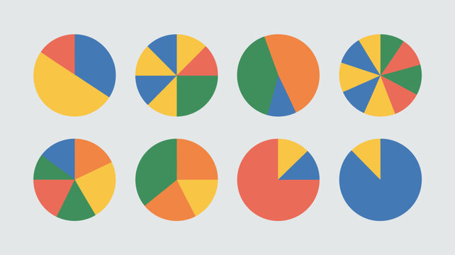 Colorful pie charts showcasing data visualization and statistical analysis. eight distinct circular graphs for infographics.