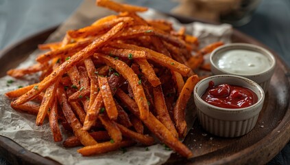 Sweet potato fries served with mayonnaise and ketchup, a fiber-dense choice
