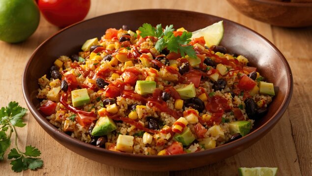 Mexican black bean, avocado, corn, tomato, rice, and quinoa salad with chili dressing, fiber-dense choice