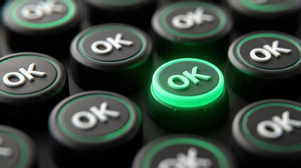 a glowing green OK icon standing out from the crowd, symbolizing approval, success, and positivity on a black background.