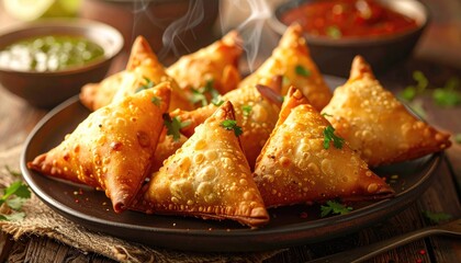Golden brown crispy samosas piled high on a dark plate with vibrant green and red chutneys in the background with steam rising from the hot indian snacks beautifully lit on a rustic wooden table
