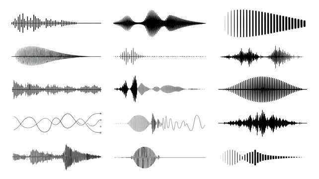 Diverse collection of abstract sound wave forms, audio spectrums, and digital music visualization elements for technology and communication.