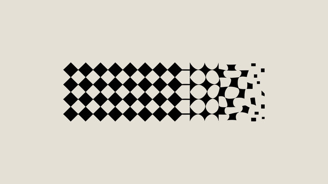 Abstract geometric pattern transformation: checkerboard diamonds evolving into distorted round shapes then dissolving into pixels