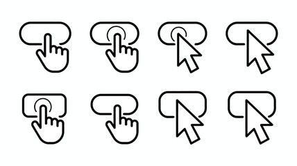 User interface toggle switch interaction icons with hand and mouse cursors, showing click, tap, and off/on states