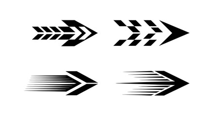 Collection of abstract black speed arrows with dynamic designs representing forward progress, quick movement, and digital direction