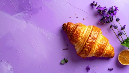 Golden Brown Croissant and Lavender Sprigs on Textured Purple Surface with Orange Slice and Mint Leaves