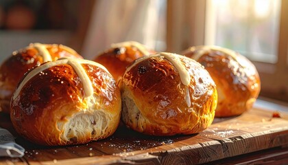 Golden Brown Hot Cross Buns With White Icing Crosses And Raisins On A Wooden Board With Soft Sunlight In The Background