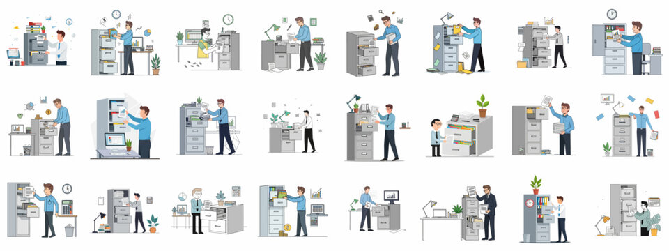 Office Management and Filing Illustration Set: Professionals organizing documents, sorting reports, and working with business records in filing cabinets.