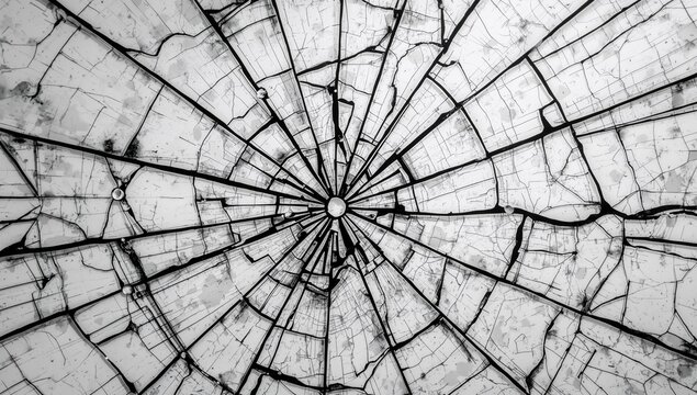 A close-up view of shattered glass radiating from a central point, showcasing a cracked pattern with intricate lines, safety concern - Powered by Adobe