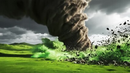Dramatic sequence of a tornado causing destruction on a green field with storm clouds, showcasing - Powered by Adobe