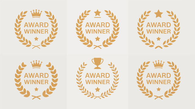 Set of golden award winner emblems featuring laurel wreaths, crowns, stars, and trophies, representing achievement. - Powered by Adobe