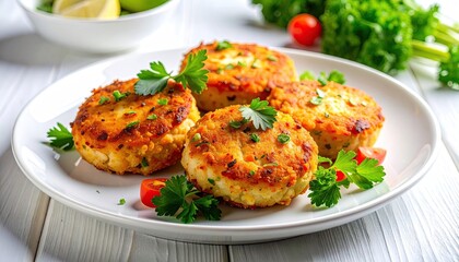 Golden Brown Pan Fried Crab Cakes Garnished With Parsley And Cherry Tomatoes Served On A White Plate With A White Wooden Background