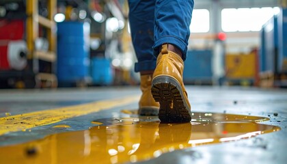 Worker boot stepping through spilled lubricant on factory floor showing wet hazard and safety risk while wearing protective footwear and workwear