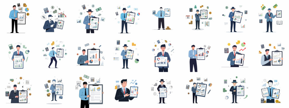 Business finance and accounting vector illustration set: Professionals presenting financial reports, analyzing data, charting growth, and managing taxes.