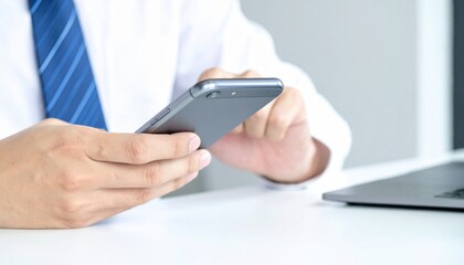 Businessman holding smartphone and tapping screen while sitting at office desk with laptop, modern workplace scene conveying focus and productivity