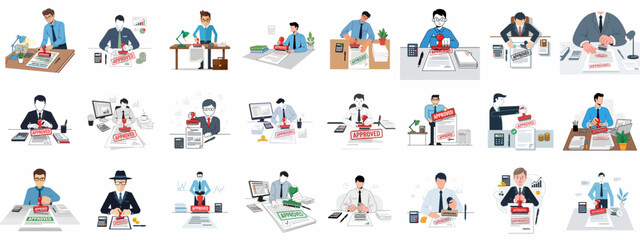 Fototapeta premium Set of illustrations showing business professionals using 'Approved' stamps on documents, symbolizing successful agreement, compliance, and financial processing approval.