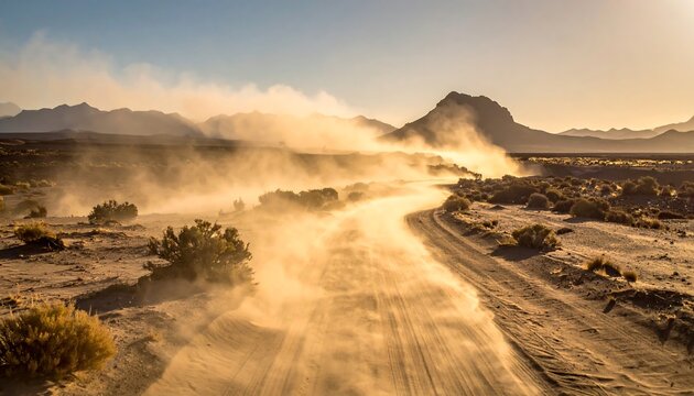 Dusty road winding through arid landscape with distant mountains at sunset, hazy atmosphere