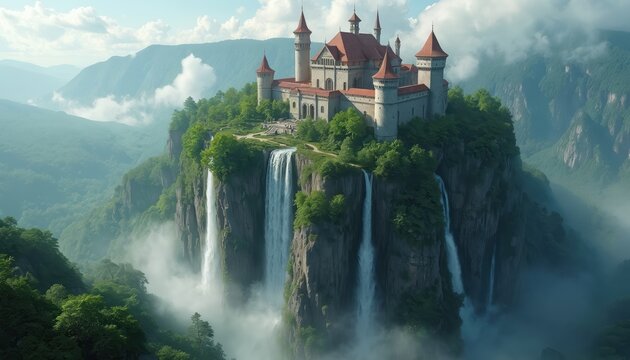 Fantasy castle on cliff near waterfalls, surrounded by green misty mountains. Lush forest covers steep slopes. Scenic view with dramatic nature and ancient architecture, dreamlike. - Powered by Adobe
