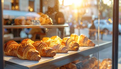 Golden Croissants Displayed in a Bakery Window with Warm Sunlight Streaming Through the Glass Creating a Cozy Ambiance