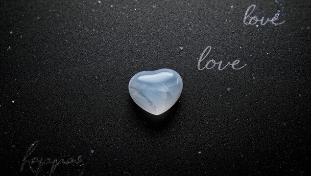 White opalite heart resting on a black surface with white text featuring love and heart motifs, suitable for romantic themes