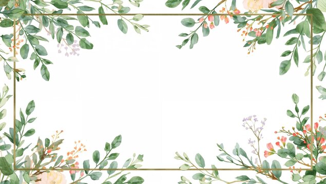 Watercolor hand-painted banner featuring green eucalyptus leaves and branches, suitable for wedding or invitation design, spring floral theme