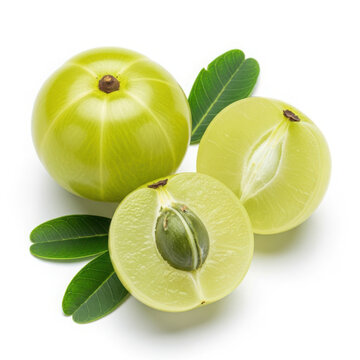 Fresh amla fruit and leaves vibrant green healthy superfood natural ingredient isolated