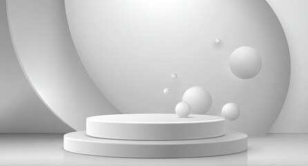 A minimalist, grey, three-dimensional podium with floating spheres in a white abstract composition