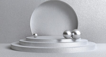 An elegant, minimalist, grayscale composition featuring a tiered platform with metallic spheres