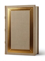 Vertical shot of a hardcover book with a golden rectangular frame on the neutral-toned cover