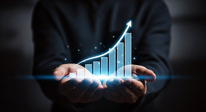 Hands presenting business growth chart with upward trend arrow