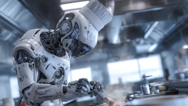A robot chef preparing food in a modern kitchen.