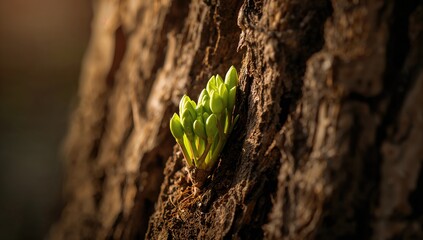 New green shoots sprouting from a tree trunk, symbolizing growth and renewal