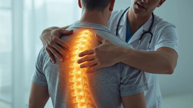 Healthcare professional examining patient's back, a glowing spine visually represents pain, injury, or discomfort, symbolizing spinal health, thera...