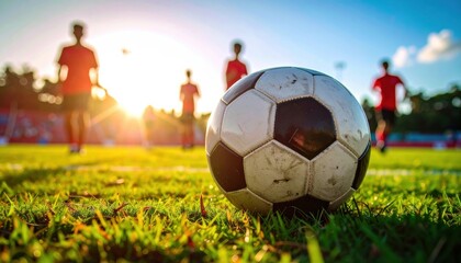 Soccer ball on grassy field at sunset with blurred players in red uniform practicing in background conveying energetic team sport atmosphere
