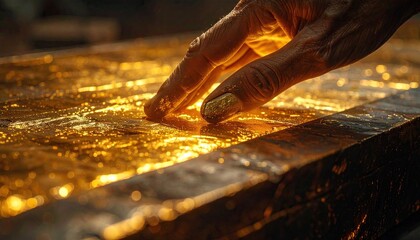 Golden Hand Touching Sparkling Liquid Surface With Glitter And Shimmering Light Reflections Creating Magical Ambiance