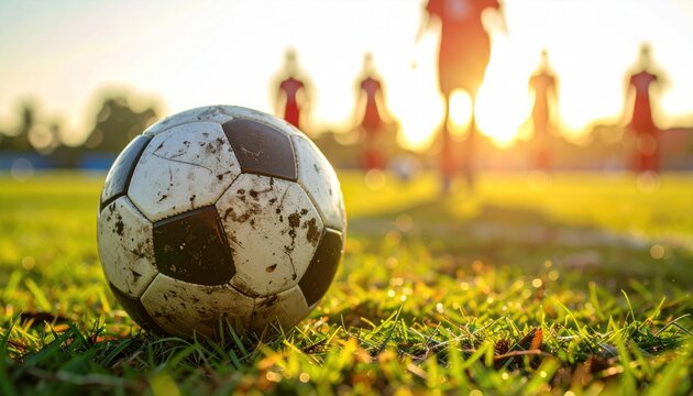 Worn soccer ball on grass at sunset with blurred players in red uniforms in background creating warm energetic mood
