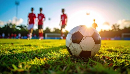 Sunlit soccer ball on grassy field at sunset with blurred players warming up in red uniform creating energetic atmosphere