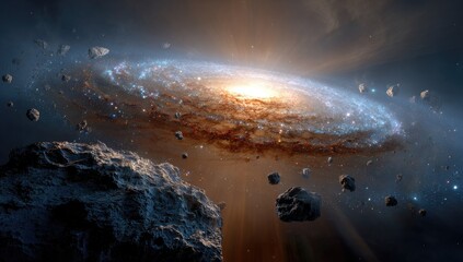 Cosmic galaxy surrounded by asteroids