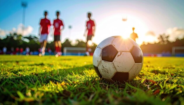 Sunlit soccer ball on grassy field at sunset with blurred players warming up in red uniform creating energetic atmosphere