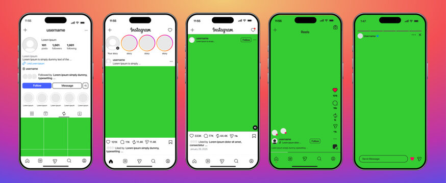 Instagram template app screens on Apple Iphone vector set. Realistic Instagram interface on smartphone: profile, photo, message, storie. Editable text and blank frames. Editorial vector illustration.