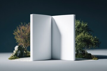 An open book nestled between two small trees and rocky terrain. Moody lighting and dark background