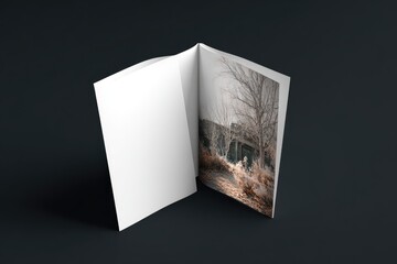 An open brochure revealing an interior photo of a weathered bridge, with a dark background