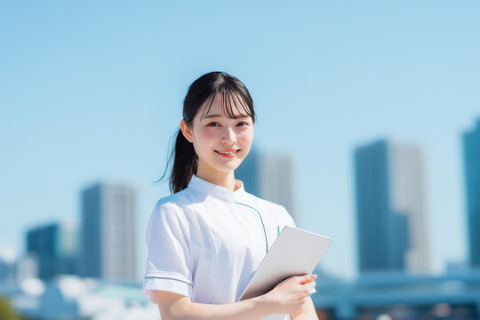 青空の下、タブレットを持つ看護学生の女性（看護師、笑顔、未来） / Female medical professional holding a tablet under the blue sky (Nurse, smile, future)