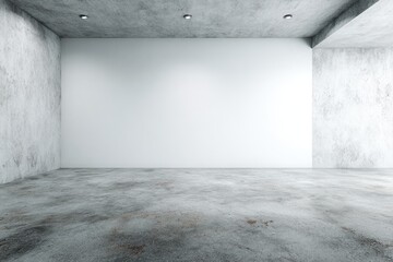 A minimalist, empty interior space with concrete walls, floors, and ceiling, spot lit