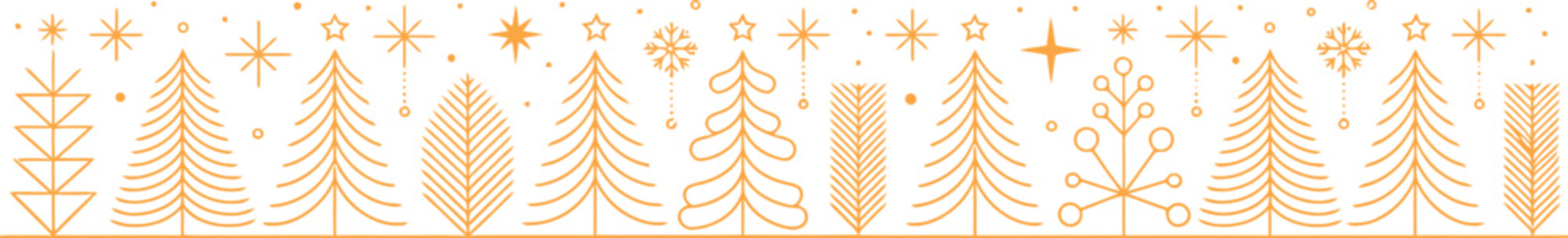 Orange Christmas trees and stars border pattern snowflake