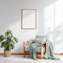 Interior scene featuring a wood-framed armchair, potted plant, blank wall frame, and light shadows
