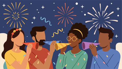 Friends Celebrating New Year&rsquo;s Eve with Party Horns and Fireworks