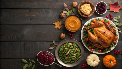 Traditional thanksgiving dinner feast with roasted turkey and side dishes